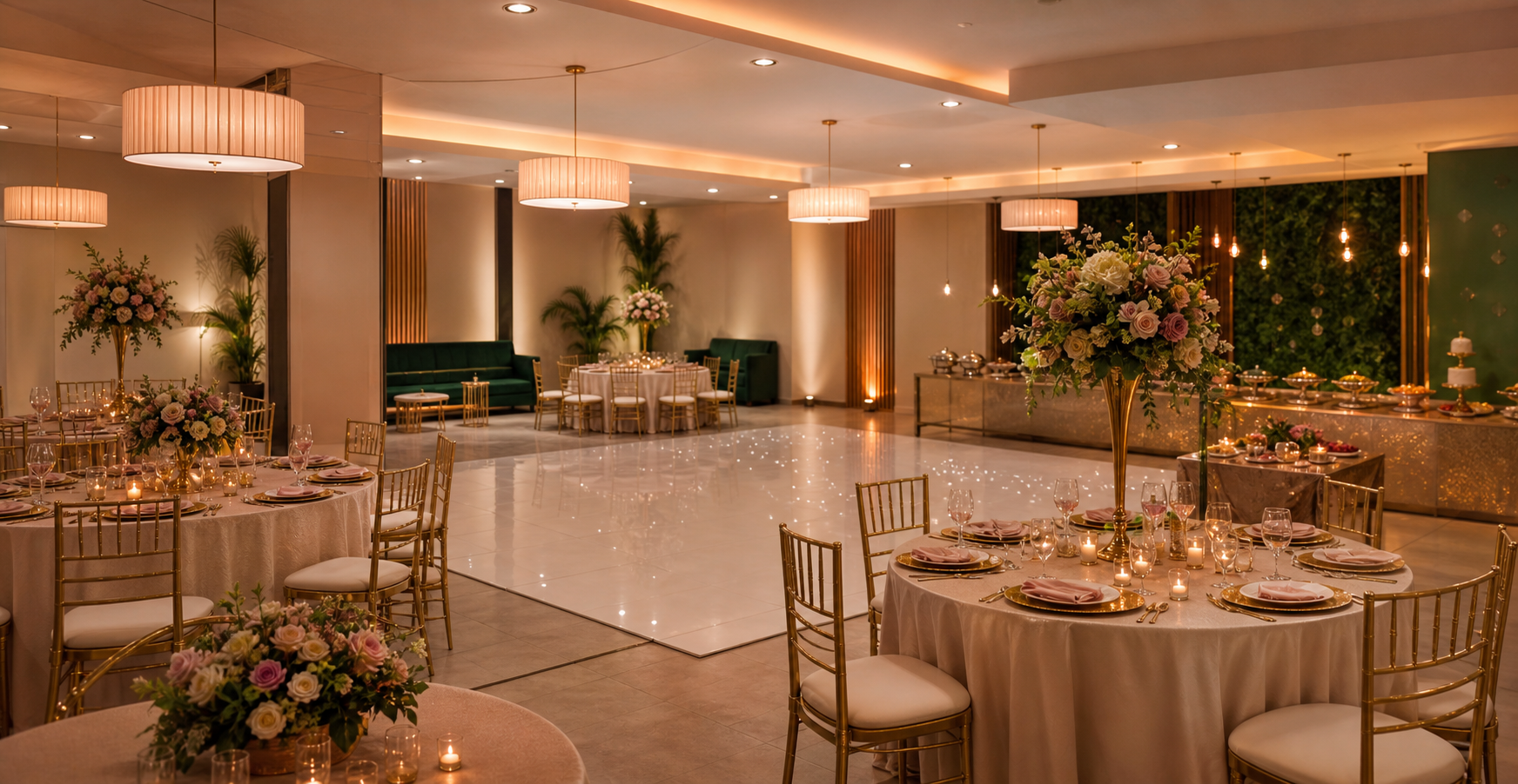 Salão de festas elegante com mesas decoradas, flores e iluminação quente